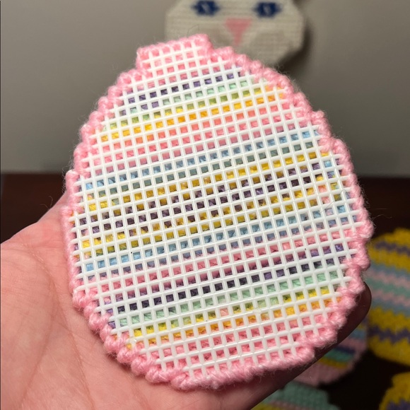 Vintage Handmade Crochet Knit Easter Bunny Coaster Set Cute Kitsch Granny Square - Picture 8 of 15